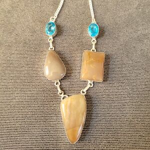 Beige and Blue Gemstone Necklace Set In 925 Silver Links. Natural Stone